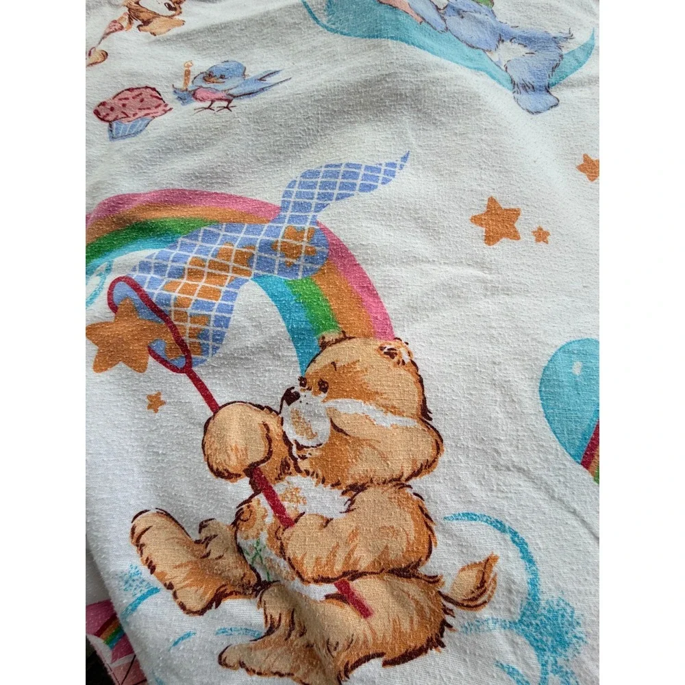 Vintage Care Bears Flannel Fitted Sheet 1980s Retro Bedding Fabric